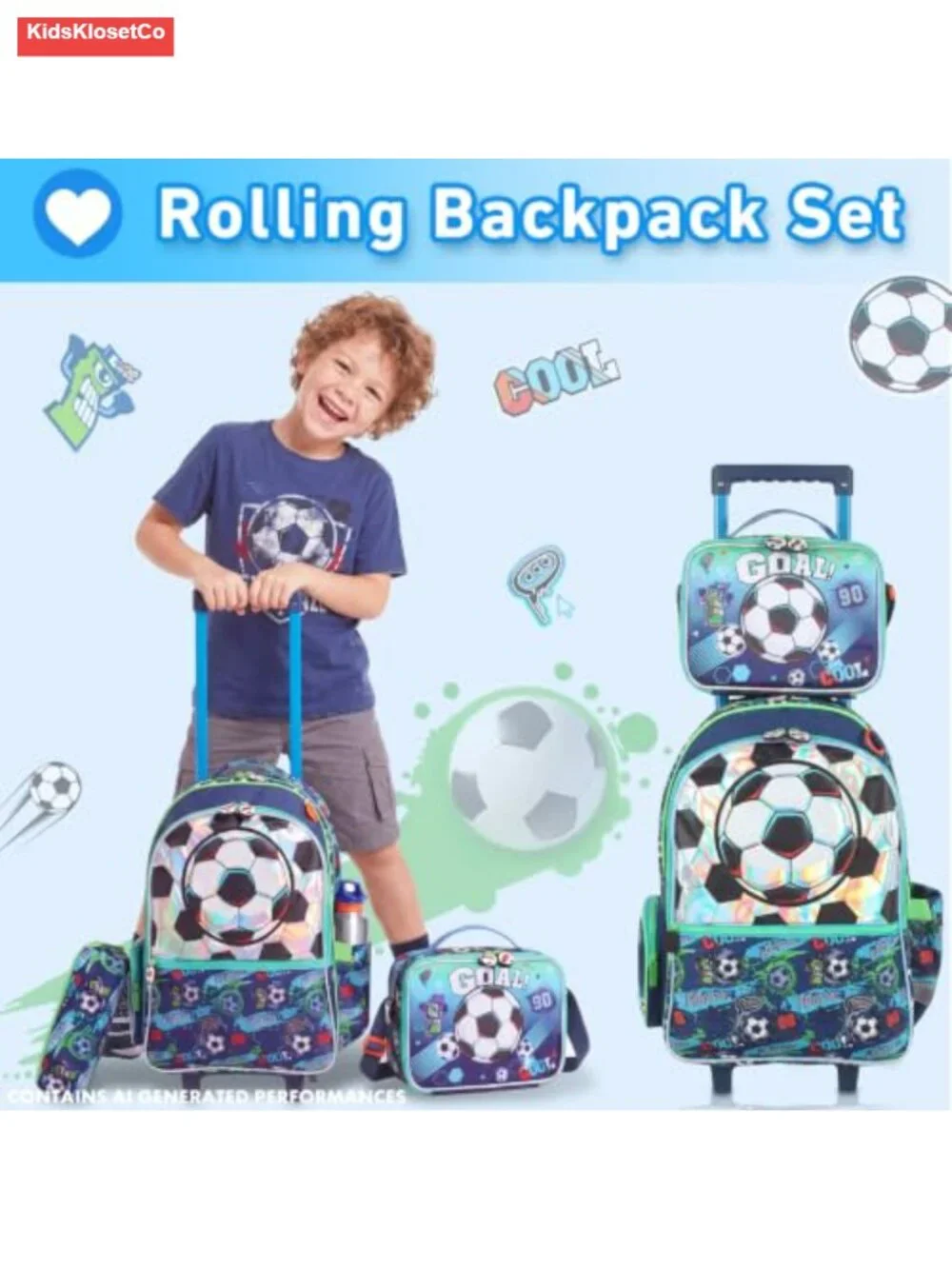 3-in-1 Kids Rolling Backpack Set with Lunch Bag, Soccer Theme, Wheels,